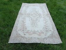 4x7 Vintage Turkish Area Rug Carpet , Antique Wool Art Rug Faded White Brown rug