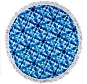 Tie-Dye Round Beach Towel.  Fringed trim. 2-Tone Blue and White. 59" Diameter. - Picture 1 of 5