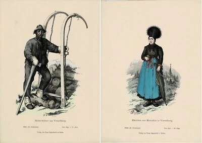KOSTÜMKUNDE Tracht aus Vorarlberg / Montafon / Österreich, 2 Farbtafeln, um 1885 - Bild 1 von 3