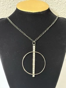 Clear Rhinestone Circle Pendant Necklace Silver Tone 41” - Picture 1 of 7