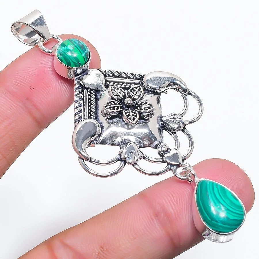 Green Malachite Gemstone Handmade 925 Sterling Silver Jewelry Pendant Size 2.5" - Image 1 of 1