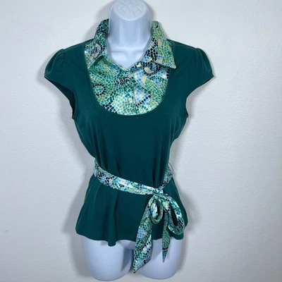 Vintage Womens Y2K Office Siren Blouse Sz M Preppy Baddie Belted Teal Green - Image 1 of 4