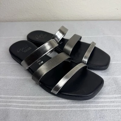 Apri By Italian Shoemakers Slip On Strappy Embossed Flat Sandals Silver 9.5 - Image 1 of 4