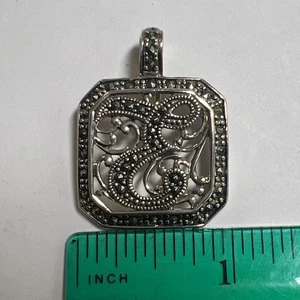 Sterling Silver A925 Marcasite Initial E Pendant Enhancer Thailand - Picture 1 of 17