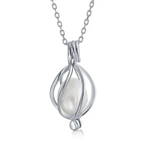 Bridal Necklace Teardrop Pearl Birdcage Pendant in Sterling Silver for Weddings - Picture 1 of 3