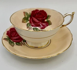 Peach Paragon Double Warrant Fine Bone China LG Floating Red Cabbage Rose SIGNED - Bild 1 von 10