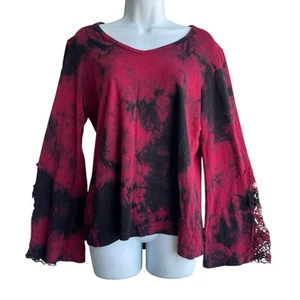 THE PYRAMID COLLECTION Tie-Dye Hippie Top L Red Black Contrast Lace Long Sleeve - Picture 1 of 4