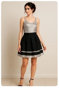 Ashley Stewart Mini Skirt Black A Line Silver Metallic Trim Flared NWOT Size 18 - Picture 1 of 5