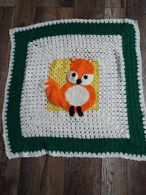 Crocheted Baby Blanket Woodland Fox Animals Nursery Crib 30" X 30" Handmade - Image 1 of 4