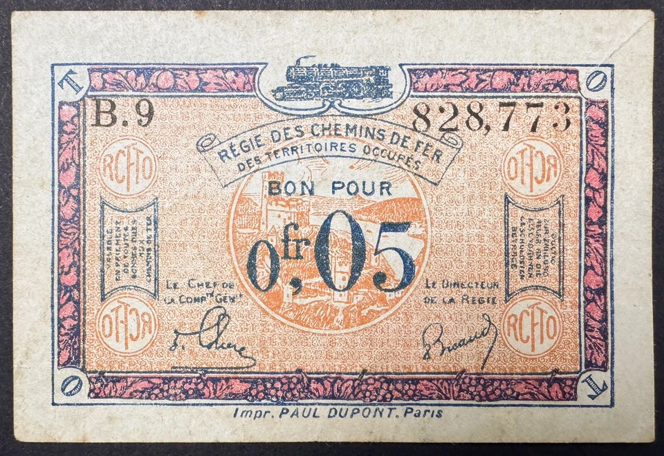 France Chemin de Fer 0,05 francs 1923 Occupied Territories Railways P-R1 - Image 1 of 3