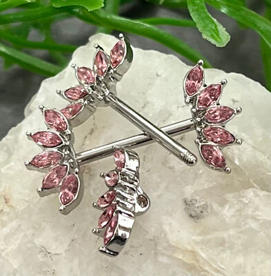 PAIR Marquise Crystal Gem Fans Nipple Rings Shield Steel Barbells Surgical Steel - Image 1 of 4