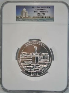 2011 5 OZ Gettysburg Silver 25C NGC MS69 PL Early Releases America The Beautiful - Picture 1 of 6