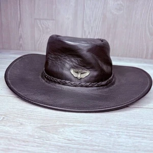 Leather vintage shapeable cowboy hat leather suede belted Harley Davison pin - Picture 1 of 11