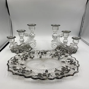 VTG Sterling Silver Overlay Floral and Grapes Platter And Pair Of 3Candle Holder - Picture 1 of 9