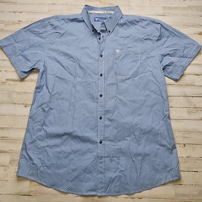 Cowboy Hardware Button Up Blue Geometric Pattern shirt With Embroidery Size XXL - Image 1 of 4