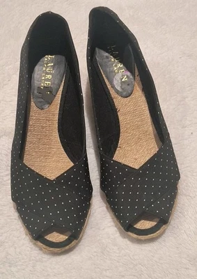Lauren Ralph Lauren Black Polka Dot Peep Toe Espadrille Wedge Heels 8.5 - Image 1 of 4