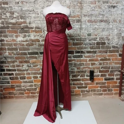 Vestido de Noche Formal Faeriesty Pequeño Rojo Cuentas Lentejuelas Sin Tirantes Boda Fiesta Foto 1 de 4