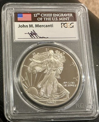 2002-W $1 SILVER EAGLE PCGS PR70DCAM SIGNED JOHN MERCANTI - Image 1 of 2