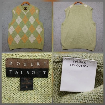 Robert Talbott Argyle Suéter Chaleco Hombres L Verde Seda Algodón Hecho en Hong Kong Foto 1 de 4