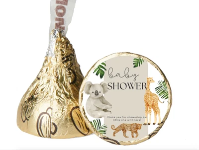 Pegatinas de caramelos Safari Baby Shower | 100ct | Etiquetas de beso de chocolate | Animales salvajes Foto 1 de 4