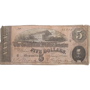 1864 $5 Confederacy Note Fine Condition - Picture 1 of 2