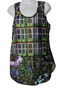 Carven Womens Top Size 8 FR 40 Green Sleeveless VNeck Cotton Silk Abstract Tunic - Picture 1 of 13