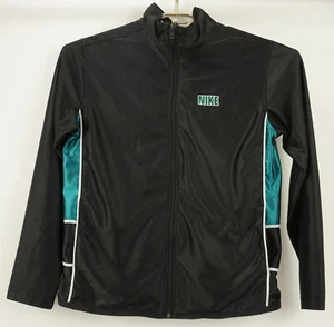 Vintage Nike Boys XL Fits Men Medium Satin Track Jacket Black Turquoise Full Zip - Picture 1 of 12