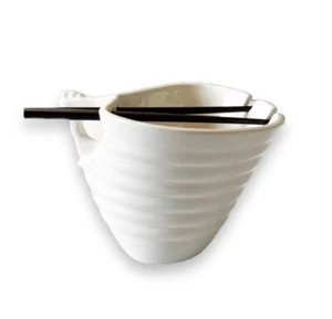 Elan Flavour Design Buddha Bowl Cup Ramen Udon W/Chopsticks Cream Ribbed Ceramic - Picture 1 of 10