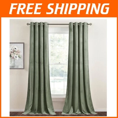 Grommet Top Sage Green Velvet Curtains - Heavyweight Room Darkening 96'' Panels - Image 1 of 4