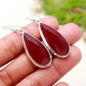 Kashmir Ruby Lab Created Gemstone Teardrop 925 Sterling Silver Jewelry Earring - Picture 1 of 4