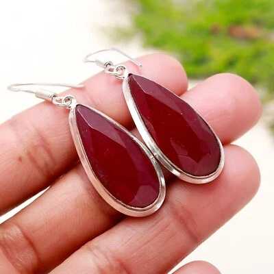 Kashmir Ruby Lab Created Gemstone Teardrop 925 Sterling Silver Jewelry Earring - Image 1 of 4