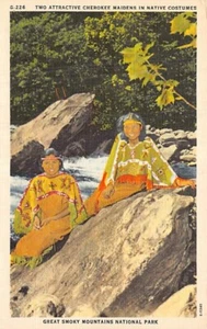 Postcard TN: Two Cherokee Girls, Great Smoky Mountains NP, Tennessee, Linen - Picture 1 of 2