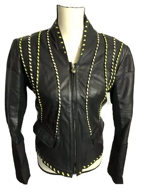 Vintage Roberto Cavalli Genu Leather Jacket Size 8 Black Yellow Color Slim Fit - Image 1 of 4