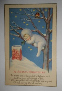 Vintage CHRISTMAS Postcard - A JOYOUS CHRISTMAS sleepy Christmas boy. - Picture 1 of 6