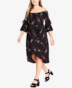 $229 City Chic Women'S Plus Black Floral Print Off Shoulder Midi Dress Size Xs - Picture 1 of 3