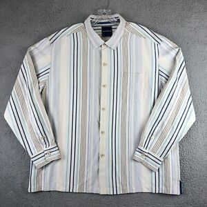 Tommy Bahama Silk Blend Button Up Shirt Mens 3XL White Blue Striped Long Sleeve