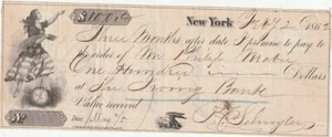 New York 1862 assegno bancario / cambiale banconota The Irving Bank bella vignetta - Foto 1 di 2