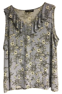 KARL LAGERFELD Paris 3X Blue Floral Sleeveless Blouse Ruffle Neckline Stretch - Picture 1 of 9
