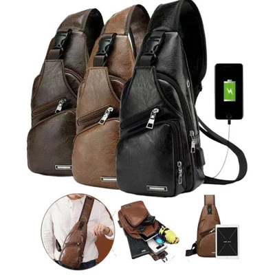 Mochila bandolera de cuero PU para hombre con cargador USB de viaje nueva Foto 1 de 4
