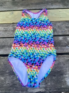 Speedo One Piece Swimsuit Girls Sz 16 Racerback Rainbow Geometric Lined Beach - Picture 1 of 12