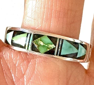 Navajo Turquoise Wedding Band Inlay Opal Multi Stone Ring Sz 12 7mm Men Unsigned - Picture 1 of 6