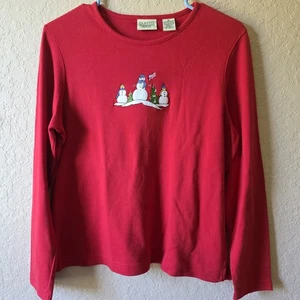 Classic Elements Petite M Red Embroidered Snowman Christmas Winter Top USA Flag - Picture 1 of 3