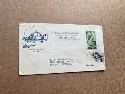 Malta 1949 FDC + Boda de Plata #SG249 + Fort St Angelo Cachet + CDS Príncipe Gales Foto 1 de 2