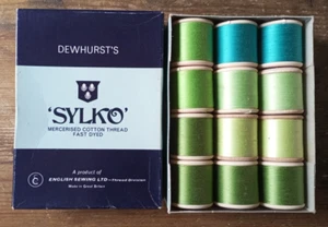 Vintage Box Dewhurst’s Sylko Machine Twist Cotton Reels Thread Green Shades - Picture 1 of 8