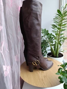 CHRISTIAN DIOR CD BOTTE HAUTE BROWN LEATHER BOOTS VINTAGE - Picture 1 of 24