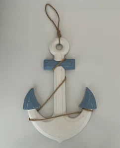 Ancla de madera náutica cuerda envejecida decoración colgante de pared 13x9 blanco y azul - Imagen 1 de 5