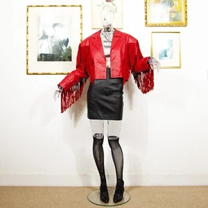 Vintage 1980s Red Leather Crop Jacket With Fringes And Shoulder Pads Size M - Picture 1 of 7