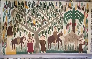 Vintage Primitive Volkskunst Bild Teppich Wandteppich Menschen Tiere Vögel 52"x32" - Bild 1 von 10