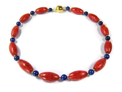 Halskette aus Schaumkorallen in Olivenform mit Zwischenperlen aus Lapislazuli  - Bild 1 von 3