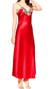 ELEGANT SUMPTUOUS RED LIQUID SATIN EMBROIDERED LACE LONG NIGHTGOWN L NWT - Picture 1 of 3